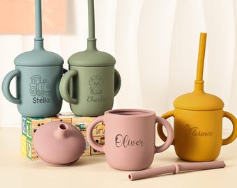 Vaso de silicona personalizado con pajita, vaso para bebé personalizado con asa, vaso de entrenamiento para niños pequeños grabado, regalo para baby shower o Navidad.