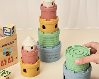 Engraved Silicone Stacking Castle Toy, Personalized Baby Teething Stacker with Name & Birth Stats, Perfect for Baby Shower and Toddlers