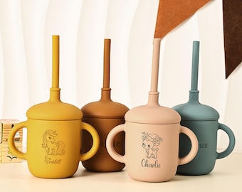 Engraved Silicone Sippy Cup with Straw, Personalized Baby Cup with Handle, Custom Toddler Training Cup, Baby Shower or First Birthday Gift