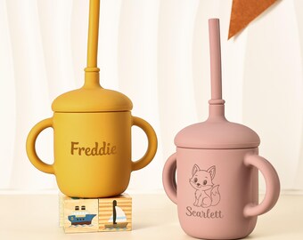 Personalized Silicone Cup with Handle, Custom Engraved Baby Sippy Cup, Toddler Training Cup, Baby Shower Gift for New Parents, 1st Birthday