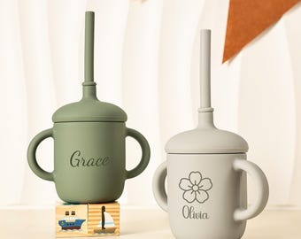 Custom Baby Cup with Straw, Custom Silicone Sippy Cup, Engraved Cup with Handle, Perfect 1st Birthday or Baby Shower Gift, Christmas Gift