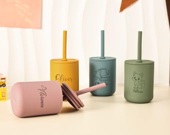 Vaso de silicona para bebé de 7 oz con grabado personalizado, vaso con pajita a prueba de fugas, regalo ideal para el primer cumpleaños y Navidad.