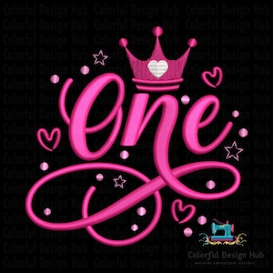 May include: A pink embroidered design on a black background. The word "One" is written in a cursive font, with a crown above it and hearts and stars scattered around. The design is likely for a first birthday.