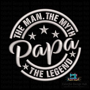 Puede incluir: Un diseño bordado en blanco sobre un fondo negro. El diseño presenta las palabras "THE MAN. THE MYTH" en un patrón circular, con "Papa" en el centro y "THE LEGEND" debajo. También se incluyen cinco estrellas.