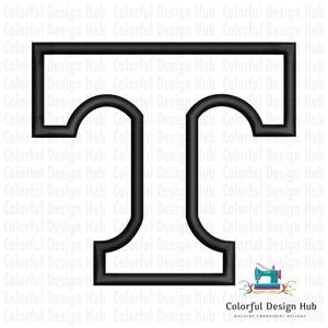 May include: A black machine embroidery design of the letter T, featuring a bold, thick outline with a hollow center. The letter has a distinct serif style with curved inner corners, presented against a white background with a watermark logo.