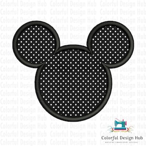 May include: Black and white polka dot Mickey Mouse head design. The design features a black outline with white polka dots on a black background. The image is a machine embroidery design.