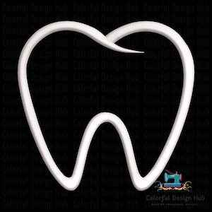 Puede incluir: Un contorno blanco estilizado de un diente sobre un fondo negro. El diseño es una línea continua, creando un símbolo dental simple pero reconocible. La imagen es adecuada para consultorios dentales o negocios relacionados.
