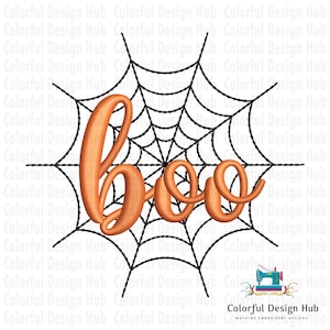 May include: Orange "Boo" text in a cursive font, set against a black spiderweb design. The image is a Halloween-themed graphic, perfect for embroidery or digital design projects.