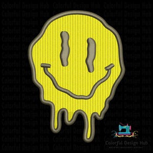 May include: Yellow, melting smiley face design with a gray outline and dripping effect. The design is embroidered on a black background. The design is from Colorful Design Hub.