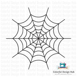 May include: A black spiderweb design, perfect for Halloween crafts. The web is centered and symmetrical, with radiating lines and concentric circles. The design is suitable for machine embroidery. The text "Colorful Design Hub" is in the bottom right corner.