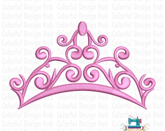 May include: A pink embroidered tiara design with a curved base and ornate swirls. The tiara features a central vertical element and decorative flourishes. The design is set against a white background with the text "Colorful Design Hub" repeated.