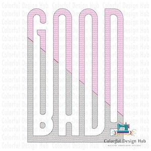 May include: An embroidered design featuring the word "BAD" in a bold, stylized font. The letters are a combination of pink and gray, with a textured, stitched appearance. The design includes the Colorful Design Hub logo.