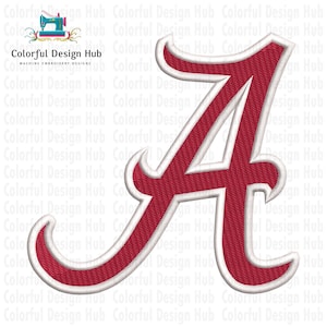 May include: A red embroidered letter "A" with a white outline. The design features a textured appearance, likely for machine embroidery. The image includes the text "Colorful Design Hub" and "MACHINE EMBROIDERY DESIGNS".
