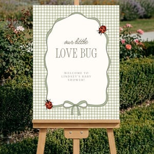 Little Love Bug Baby Shower Welcome Poster, Editable Sign for Garden-themed Party, Vintage Gingham Gender Neutral Shower