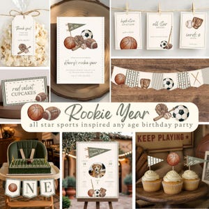 May include: A collection of sports-themed party decorations featuring illustrations of basketballs, footballs, baseball gloves, and pennants. Items include a favor tag, invitation, signage, bunting, cupcake toppers, and a milestone birthday poster.