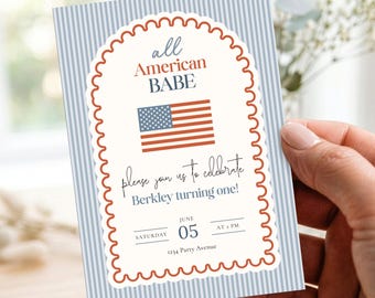 All American Babe Invitation, Stars Stripes Vintage Americana Patriotic Little Firecracker Red White and Blue 4th of July Summer Baby Shower