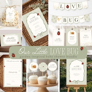 May include: A garden-themed baby shower stationery bundle featuring a green gingham pattern, ladybug illustrations, and snail graphics. The set includes invitations, cupcake toppers, a welcome sign, a diaper raffle card, and favor tags with the text Our Little Love Bug.