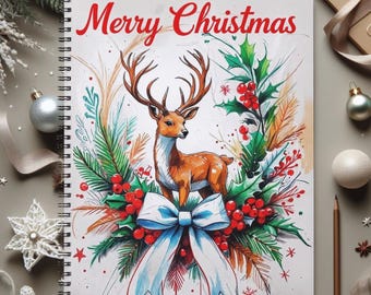 Christmas Deer Notebook, Holiday Journal with Reindeer and Festive Wreath, Merry Christmas Gift, Winter Planner, Christmas Stationery