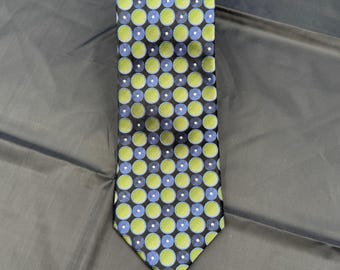 John Ashford Mens Silk Necktie Black Blue Green Geometric Dot Pattern