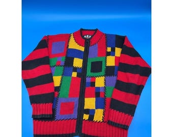 vintage N.E.K. Pull cardigan zippé color-block Knitters Multicolore M 90s