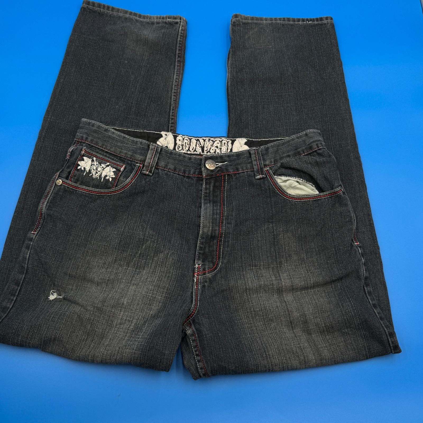 VTG Jinzu Jeans 36x32.25 Dark Wash Embroidered Pocket Straight Leg