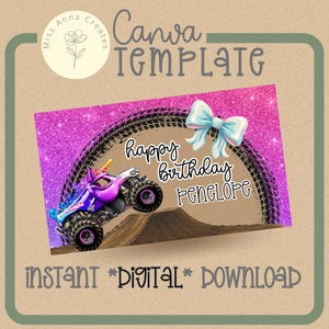 May include: A digital birthday invitation template featuring a purple monster truck with a unicorn horn jumping over a dirt ramp. The background is bright pink glitter with a large tire track arch, a light blue bow, and the text Happy Birthday Penelope.