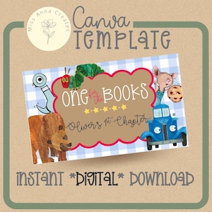 Peut inclure: Un modèle numérique rectangulaire avec un fond à carreaux bleu clair et des illustrations d'une chenille verte, d'un oiseau bleu, d'un ours brun, d'une souris et d'un camion bleu. Le texte central indique one for the BOOKS et Oliver's 1st Chapter.