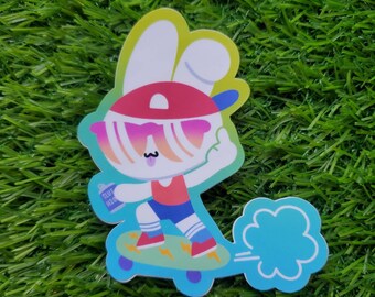 Radical Skateboard Bunny Rabbit giving the middle finger laminated glossy vinyl water resistant sticker