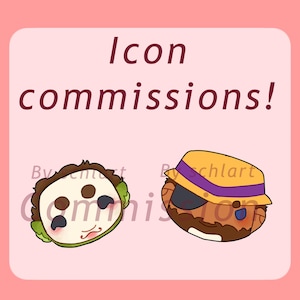 Puede incluir: Gráfico de arte digital con el texto "Icon commissions!" sobre un fondo rosa. Se presentan dos iconos de personajes de dibujos animados, uno con una máscara y el otro con un sombrero y un parche en el ojo. El estilo artístico es lindo y colorido.