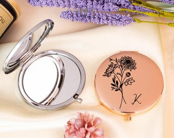 Custom Name Compact Mirror – Bridesmaid Gift, Birth Flower Makeup Mirror, Elegant Bridal Shower Favors, Personalized Pocket Mirror for Her