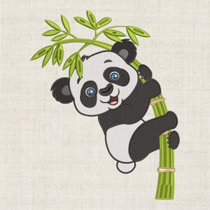 May include: Embroidered image of a panda bear with black and white fur, blue eyes, and a smiling expression. The panda is clinging to a green bamboo stalk with green leaves. The background is a light beige color.