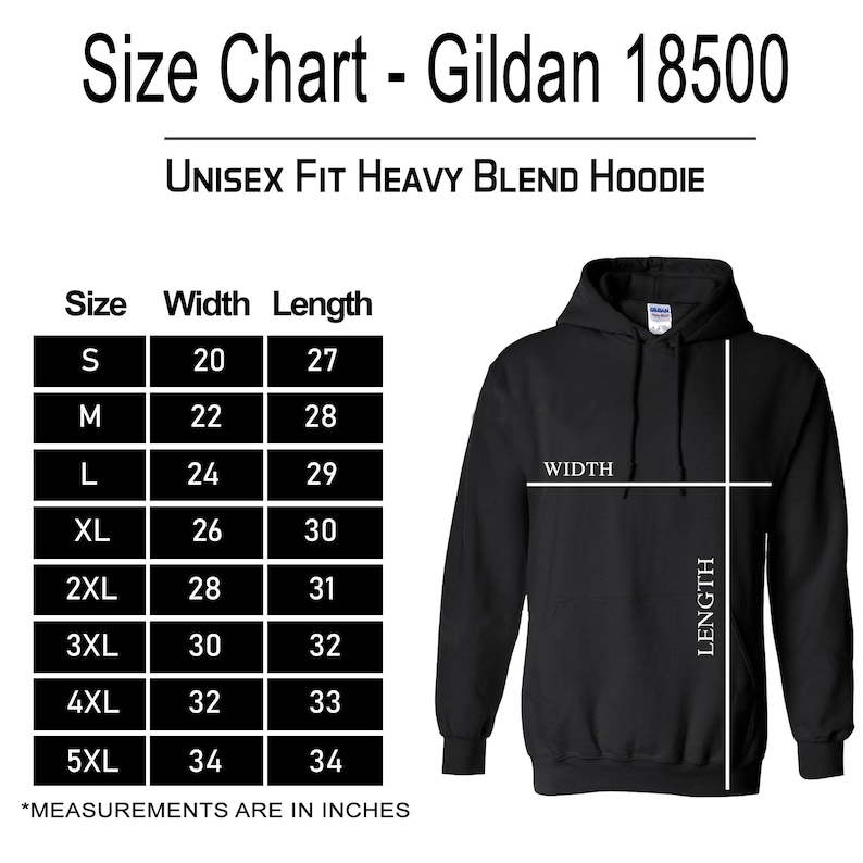May include: A size chart for a Gildan 18500 unisex heavy blend hoodie. The chart lists sizes S through 5XL with corresponding width and length measurements in inches. A black hoodie is shown with white lines indicating where width and length are measured.