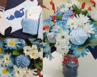 Its A Boy Bouquet! Made-to-Order including: Bodysuit, Bib, Burp Cloth, Washcloth, 2 Pairs of Socks, Blanket