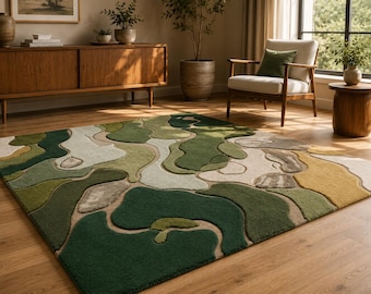 Hand Tufted Wool Abstract Rug, Green Organic Area Rug, Contemporary Wool Carpet, Modern Landscape Rug, Biophilic Design Rug, Luxury Area Rug