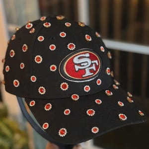 Custom Designed Black Cap with Red and White Embellishments Custom Piping Sandwitch Visor Baseball Caps - Foremost main image 3