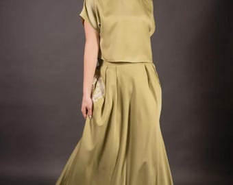 Embroidered Satin Maxi Skirt (Olive)