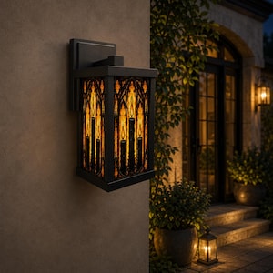 Gothic Patio Wall Lamp, Halloween Outdoor Lantern, Amber Stained Glass Porch Light, Dark Academia Exterior Sconce, Gothic Home Decor