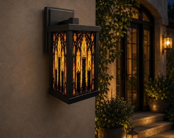 Gothic Patio Wall Lamp, Halloween Outdoor Lantern, Amber Stained Glass Porch Light, Dark Academia Exterior Sconce, Gothic Home Decor