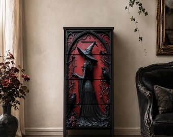 Gothic 4 Drawer Witch Storage Unit, Dark Academia Furniture, Witchy Home Decor, Burgundy Black Cabinet, Raven Gothic Organizer