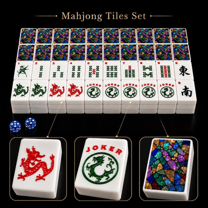 May include: A Mahjong Tiles Set featuring white tiles with red dragon graphics, green dragon Joker tiles, and tiles with a colorful stained-glass mosaic pattern on the back. The set includes two blue dice with white pips, displayed on a black background.