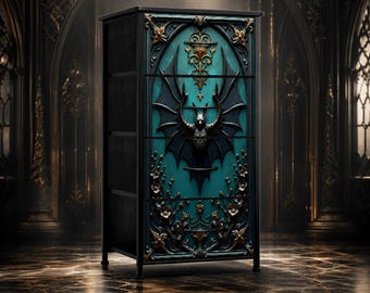 Gothic Bat Baroque 4 Drawer Storage Unit, Teal Gold Organizer, Dark Luxury Decor, Ornate Gothic Storage, Alternative Bedroom Chest