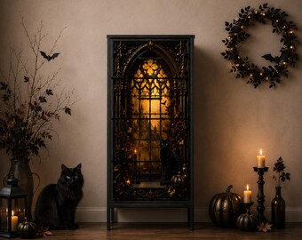 Gothic Halloween Black Cat Storage Cabinet, Cathedral Window Furniture, Dark Academia Halloween Decor, Gothic Home Accent