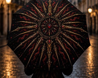 Gothic Sunburst Umbrella UV Protection, Black and Gold Gothic Umbrella, Dark Academia Rain Umbrella, Witchy Gift for Her, Gothic Decor