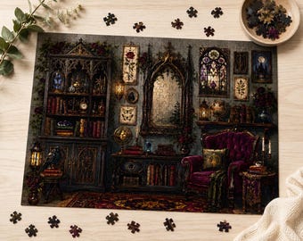 Gothic Library Wooden Puzzle | Dark Academia Jigsaw, Victorian Raven Room (500 Pieces)