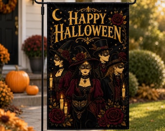 Halloween Masquerade Garden Flag, Gothic Halloween Yard Decor, Victorian Masked Ball Flag, Black Cat Halloween Flag, Outdoor Fall Decoration
