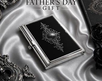 Gothic Business Card Holder Gift for Dad, Elegant Black Metal Card Case, Soft Goth Desk Accessory, Father Day Gothic Gift