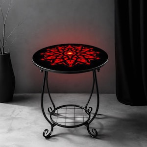 Gothic Red Mandala Side Table, Dark Aesthetic Round Accent Table, Black and Red Gothic Decor, Indoor Outdoor Furniture
