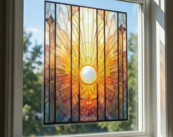 Sunburst Stained Glass Window Cling 18x24 – Art Deco Sunrise Suncatcher Film, Removable Privacy Window Decal, Warm Amber Home Decor