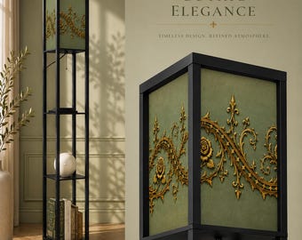 Gothic Floor Lamp with Shelves, Olive Green & Antique Gold Rose Design, Dark Academia Standing Lamp, Decorative Storage Shelf Lamp