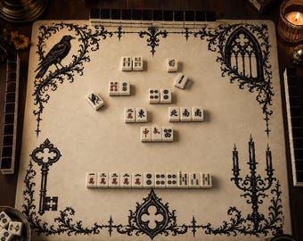 Gothic Mahjong Mat 33x33 Inch, Raven & Cathedral Mahjong Playing Mat, Dark Academia Mahjong Table Cover, Gothic Game Room Decor